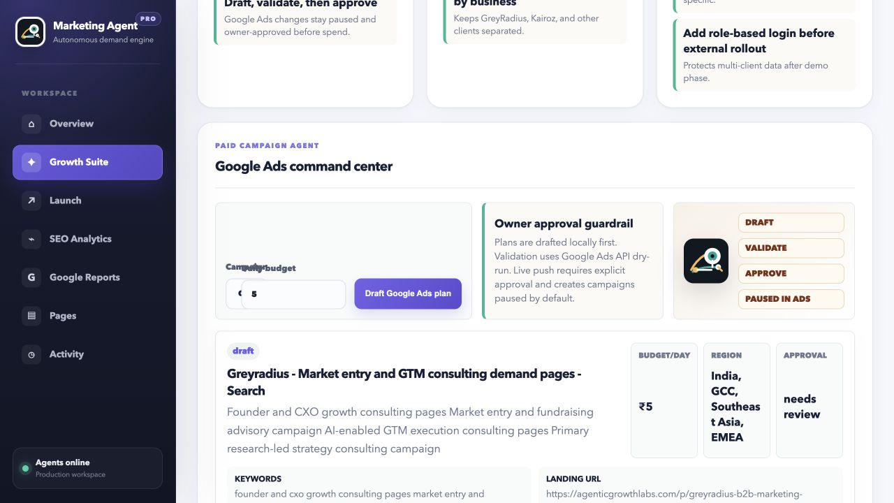Paid Campaign Agent showing Google Ads planning and owner approval guardrails